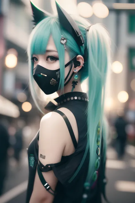 miku hatsune、Sleeveless、head phone、Green hair、Green-haired、goth_punk, 1girl in, 独奏, medium shot, Walking in Harajuku, ((during night)), bokeh dof, Neon light, Iridescent eyes, starrysky, Black shiny hair, White eyebrows, Radiant hair, (iridescent red hair)...