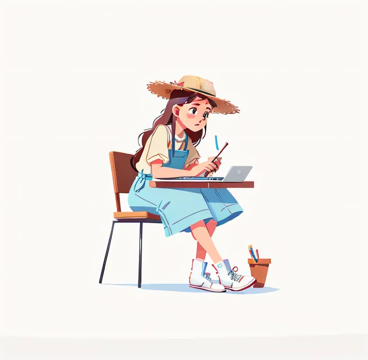 A woman sits at a table，Holding a laptop and straw hat, Simple and clean illustration, 2D illustration, 2 d illustration, Illustration style, Flat illustration, digital 2d illustration, 2d digital illustration, sitting in front of the computer, digital cha...