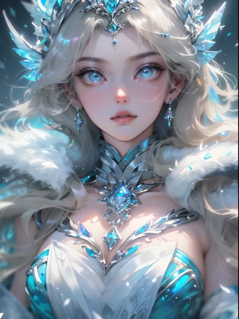 (((Masterpiece))), (((Best quality))), ((Ultra-detailed)),(Highly detailed CG illustration), ((An extremely delicate and beautiful)),Cinematic light, Create stunning fantasy artwork，Complicated details，queen of ice，whaite hair，medieval dress，full bodyesbia...