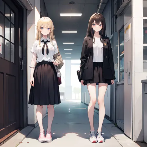 Create an image of two cute anime characters, Yori and Aina, standing in a college hallway. Yori is a beautiful black-haired girl with a lot of attitude. She is stylish and extroverted, and she is wearing a leather jacket, a white college shirt, a dark bro...