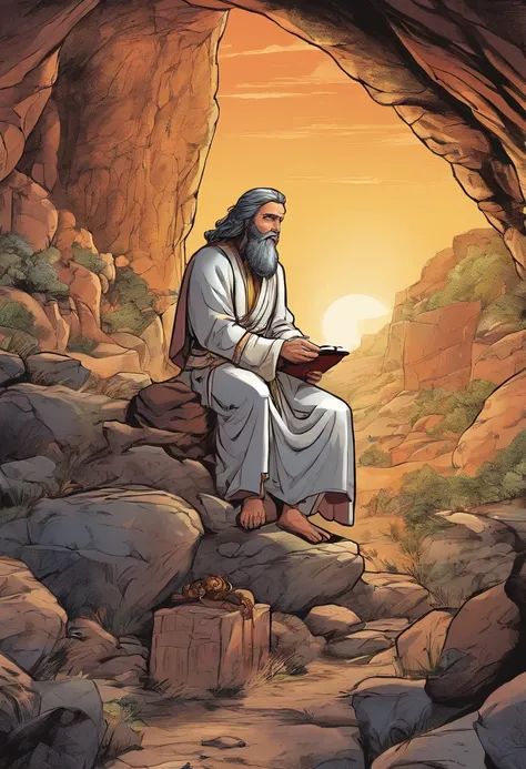 Imagem antiga, roupa judaica, homem judeu, Old Christian writing letters in a rocky cave with a lot of technology and extreme realism ((image depicting the apostle John)) obra-prima, melhor qualidade,