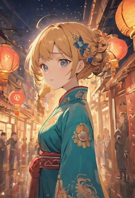 (best quality,8k,highres,masterpiece:1.2),a Chinese girl wearing a qipao with a dragon pattern in blue, detailed face with intricate features, holding a traditional lantern, traditional festival, Mid-Autumn Festival, full moon, background of festivities, s...