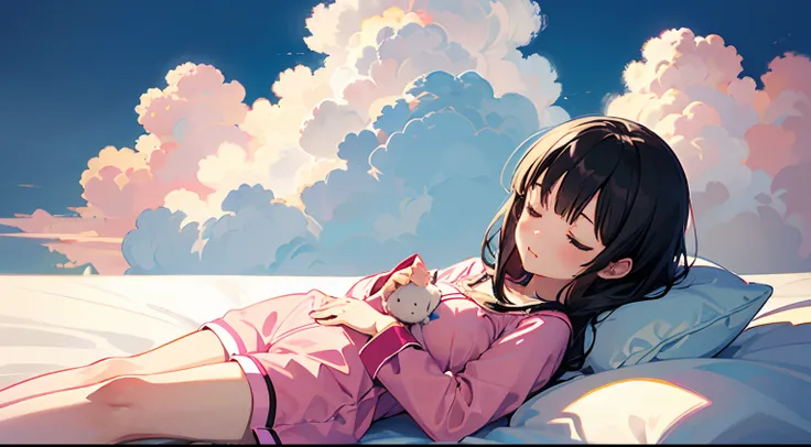 comic strip，Cute and cute 5 year old baby girl sleeping on beautiful fluffy clouds，anime big breast，on cloud，Pink pajamas，Detail enhancement，8K，super-fine，concept-art，number art