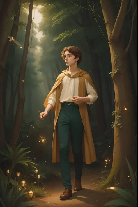 Capture a Pre-Raphaelite-inspired portrayal of a teenage boy, his attire blending seamlessly with the rich, enchanted forest he explores, where luminous fireflies form a celestial canopy, lighting his path with their ethereal glow.