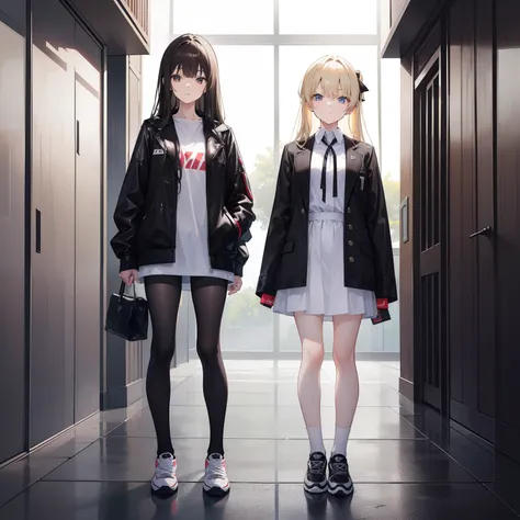 Create an image of two cute anime characters, Yori and Aina, standing in a college hallway. Yori is a beautiful black-haired girl with a lot of attitude. She is stylish and extroverted, and she is wearing a leather jacket, a white college shirt, a dark bro...