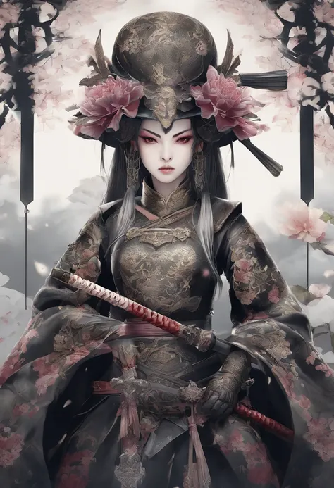 Dark Elf wearing Gothic armor and katanas, samurai, cabelos longos cinzas, magnifica, serious facial expression, Lotus flower drawn on kimono, magnifica, 8k, posicionamento central, dramatic scene.