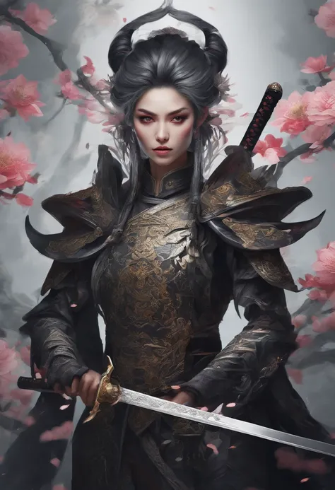 Dark Elf wearing Gothic armor and katanas, samurai, cabelos longos cinzas, magnifica, serious facial expression, Lotus flower drawn on kimono, magnifica, 8k, posicionamento central, dramatic scene.