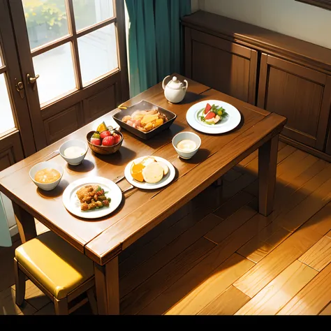 The table、Wooden Floor Room、Four breakfasts、