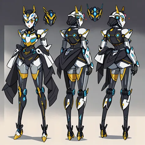 ((masterpiece)), best quality, three different views of a woman in a futuristic suit, female mecha, of a beautiful female warframe, beautiful robot character design, girl in mecha cyber armor, pristine concept art, beautiful full body concept art, an conce...