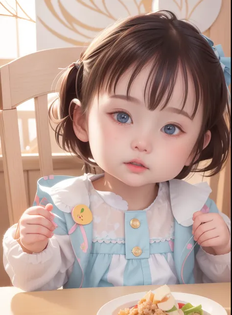 There was a little girl sitting at the table，Carrying a plate of food, lovely digital painting, Kawaii realistic portrait, Realistic cute girl painting, adorable digital art, Cute detailed digital art, cute portrait, Guviz-style artwork, portrait cute-fine...