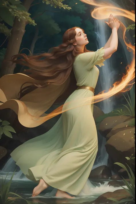 Request a Pre-Raphaelite interpretation of a woman in her thirties, whose presence commands the elements as she gracefully dances amidst swirling tornadoes, cascading waterfalls, and erupting volcanoes in an unreal, harmonious symphony of natures forces.