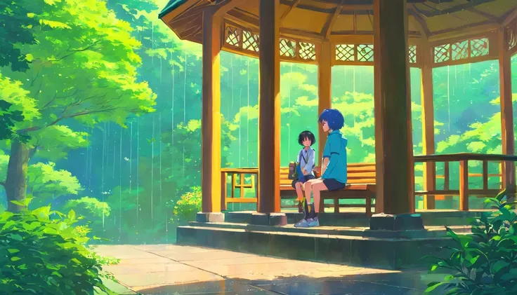 Rainy day gazebo，Girl with short blue hair sitting inside the gazebo，The boy stood at the mouth of the gazebo with his schoolbag in his hand，rainy days，Green vegetation in the background