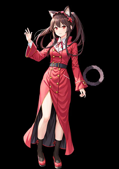 Anime girl wearing red coat with cat ears and tail, artistic renderings of Reimu Hakurei, small loli girl, reimu hakurei, Single character full body, small curvaceous loli, anime moe art style, loli in dress, grayscale phtoto with red dress, full body char...