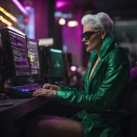 ((Best Quality)), ((Masterpiece)), (Very detailed: 1.3), 3D, NeonNoir, beautiful cyberpunk woman, (wearing thick and high-tech holographic glasses: 1.2), wearing a cape, hacking into a computer terminal, purple neon on the monitor, green neon sign on the w...