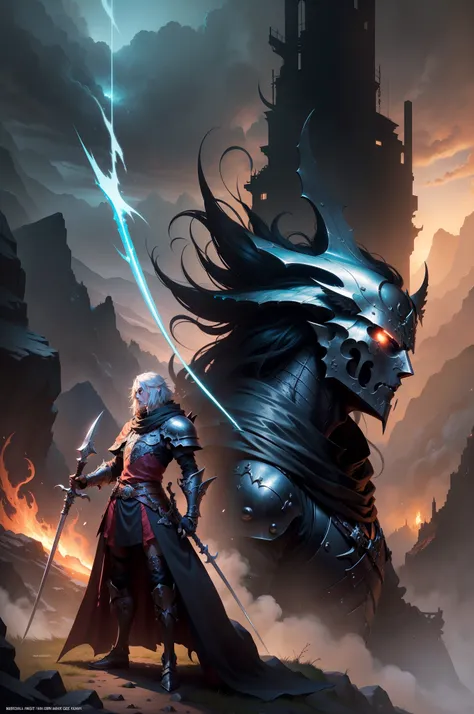 One demon，Holding a big sword,A close-up of a sword， Epic fantasy art style, Epic fantasy digital art style, dark souls art style, fantasy paladin man, Epic fantasy art style HD, fantasy knight, deathknight, dark fantasy style art, Epic fantasy style art, ...