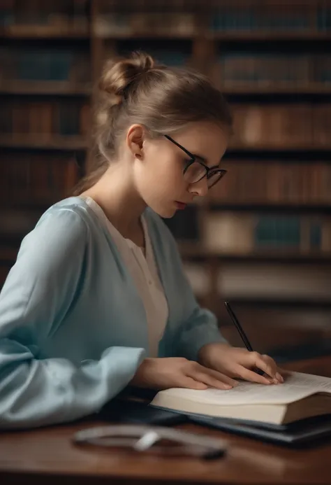 a girl studying with full focus, focused brain, futuristic real photograph