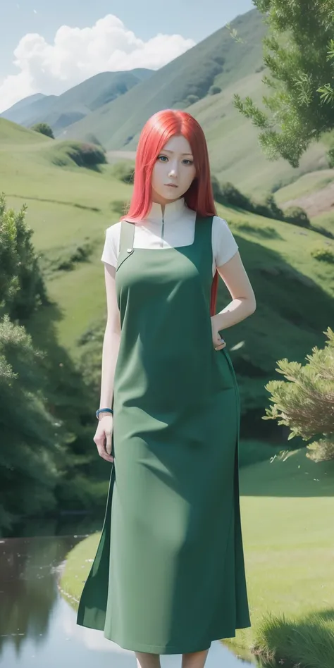 Kushina uzumaki. A woman standing on the edge of the field. His left hand was reflected in his waist. Shes wearing a green and white sweater. She has long straight hair untangled not tied. With a pin to the right of his forehead. He had a white as snow. Wi...