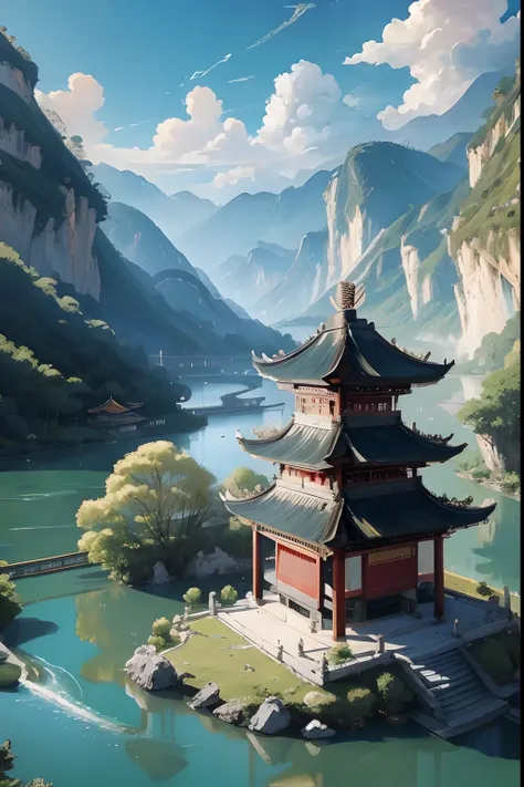 an ancient chinese painting, ancient chinese background, mountains, rivers, auspicious clouds, pavilions, sunshine, masterpieces...