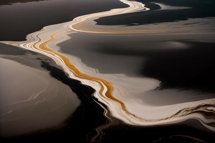 Aalfid landscape of a long flowing river, intricate oil sweeps, oil like flowing, vortex river, oil on water, lpoty, Chocolate River, oil slick, Oil spill incidents, Oil spill incidents, Reflections on oil, Oil slick in water, Jan Alsace-Bertrand, swirling...