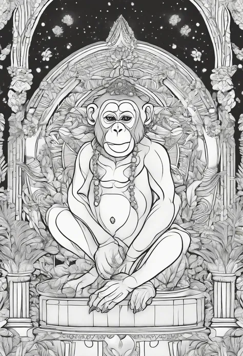 coloring page, Monkey, cartoon style, thick lines, line art, white and black.