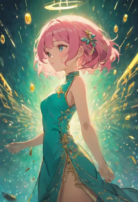 (best quality,8K resolution,masterpiece:1.2),a woman with pink hair wearing a turquoise cheongsam dress, voluptuous figure, surrounded by fireflies, with a backdrop of a starry night sky and a lakeside, sharp lines, enhanced details, detailed facial featur...