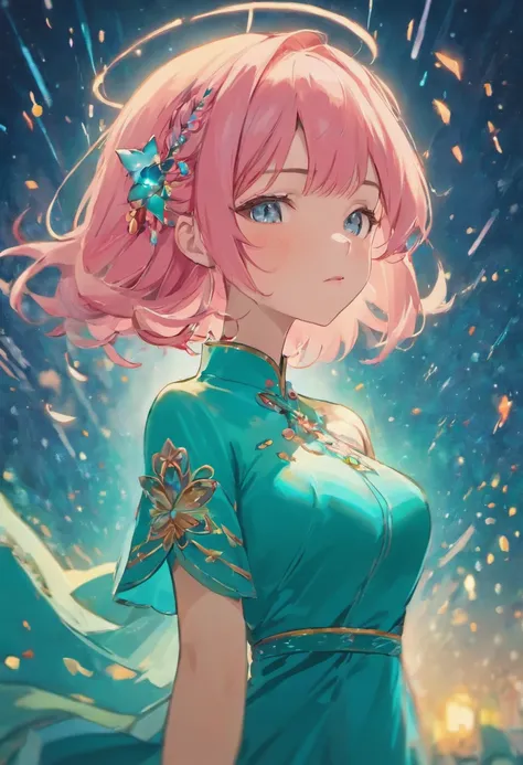 (best quality,8K resolution,masterpiece:1.2),a woman with pink hair wearing a turquoise cheongsam dress, voluptuous figure, surrounded by fireflies, with a backdrop of a starry night sky and a lakeside, sharp lines, enhanced details, detailed facial featur...