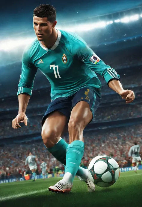 ronaldo, personagem anime, kicking the ball and celebrating with closed hands