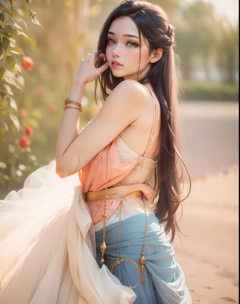 best quality, vivid colors, portrait, warm color tone, soft lighting, elegant pose, flowing dress, long flowing hair, dreamy atmosphere