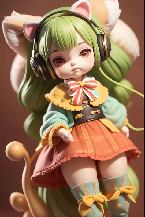 Cute Pocelain doll，Wear tanuki ear headphones，The long cat has a bow tied around its tail