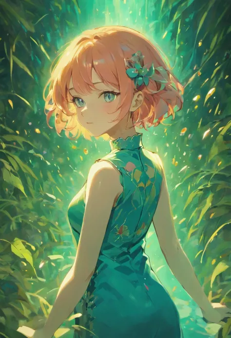 (Best quality,8K resolution,Masterpiece:1.2),A woman with pink hair in a turquoise cheongsam dress, voluptuous figure, surrounded by fireflies, Set against the lakeside at night, Sharp lines, Enhanced detail, Detailed facial features, Front view