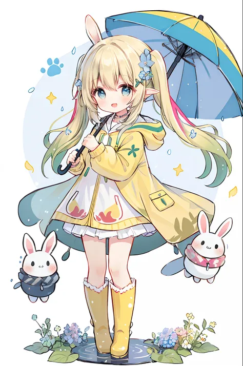 1girl,rainbow,raincoat,yellow raincoat,rubber boots,hydrangea,flower,long hair,twintails,boots,blush,umbrella,open mouth,hair ornament,white background,hood,solo,teruterubouzu,very long hair,hood up,long sleeves,low twintails,bow,bangs,smile,animal hood,bl...