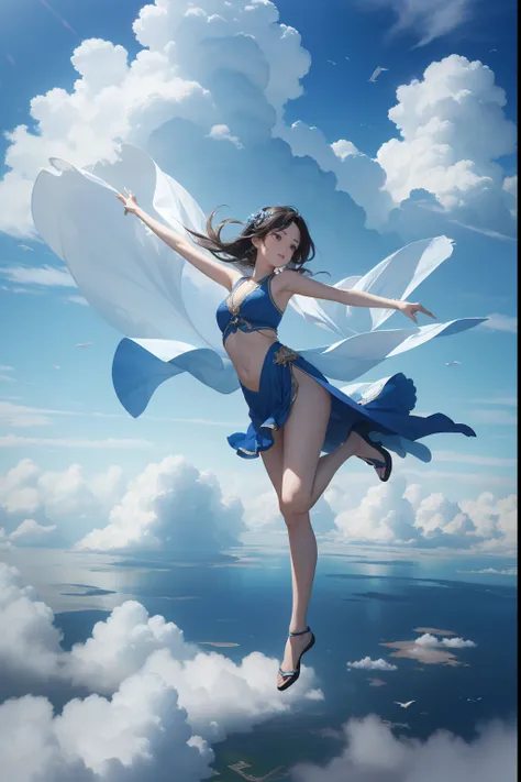 (8K, RAW photo, Best quality, tmasterpiece:1.2), (Realistic, photo-realistic:1.4), (Extremely detailed CG unifies 8K, 8K, Diamond, and wallpaper), Dunhuang flying style，A girl dances in the air，Bounce the lute，Wearing a royal blue robe，Its like dancing in ...