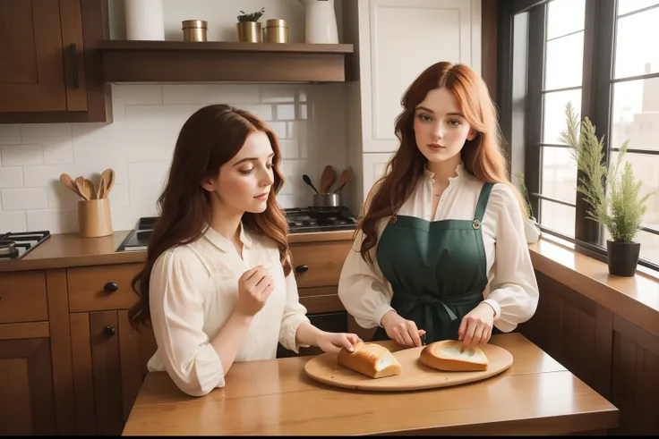 Embrace the Pre-Raphaelite aesthetic to depict a woman in her thirties, her modern urban loft filled with the comforting aroma of freshly baked bread, as she shares a warm, homemade meal with her family, the love and joy palpable. 2023 clothing, modern.