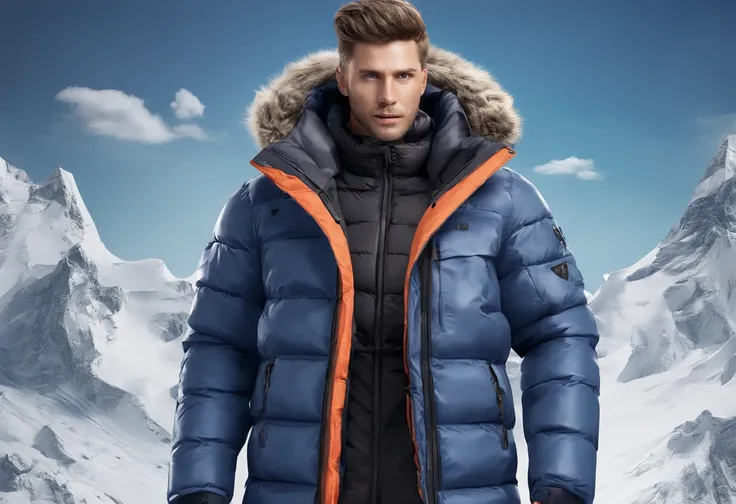 down jacket，Down jacket clothing concept design，Clothing shooting advertisements，Down jacket floating in the air，Snow and ice scenes，C4D style，3D modeling rendering，8K