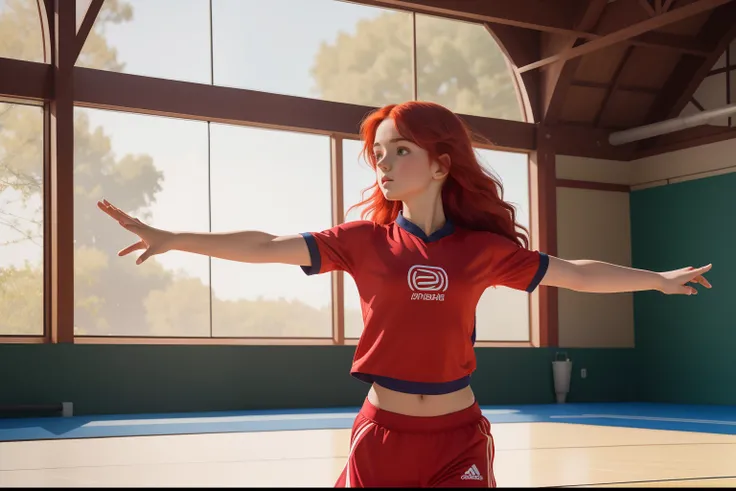 Capture a Pre-Raphaelite-inspired scene of a tween girl, her vibrant red hair contrasting with her modern sportswear, as she gracefully practices rhythmic gymnastics in a sunlit gymnasium, her dedication to the art evident. 2023 clothing, modern.