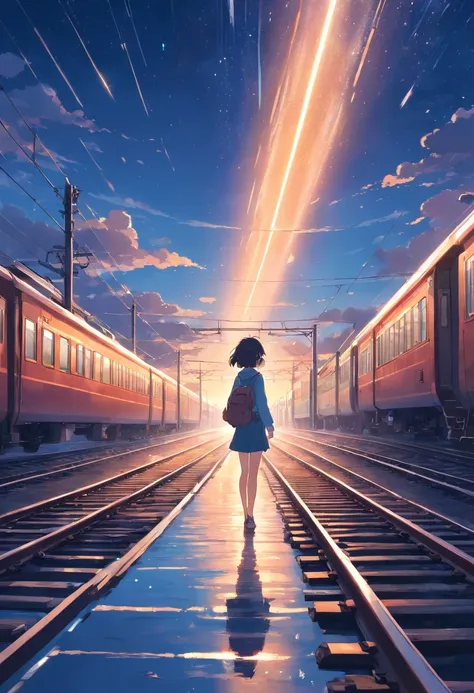 High quality masterpiece ，scenecy，Anime train passing through bodies of water on tracks， Glittering starry sky。Romantic train，Pisif，concept-art，Lofi art style，Reflectors。 By Makoto Shinkai, Lofi art, beautiful anime scenes, Anime landscapes, Detailed scene...