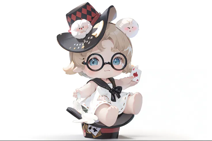 Lori huge breasts cleavage , cute character, , spoon pear slim loli figure,lalafell, small loli girl, 2D，Two-dimensional，anime big breast，Celluloid，k hd，8K，magister，With round-rimmed glasses，Playing cards in hand，Black hat，illustratio