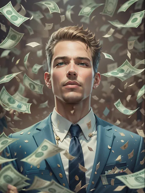 A detailed painting of a person in a suit, surrounded by a flurry of dollar bills, with the book Financial Freedom Formula in the center.