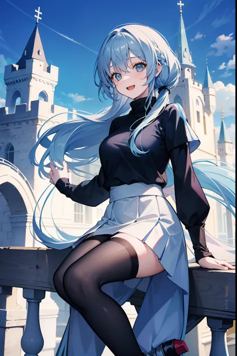 Long blue hair　poneyTail　Blue eyes 　teens girl　Check Turtleneck　White mini skirt　Black tights　Laughing in the castle