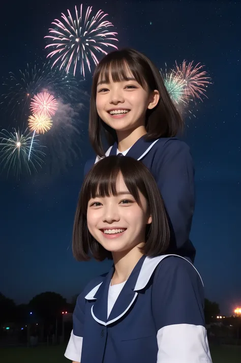 A smile、hi-school girl、校服、shortsleeves、An amusement park、While doing fireworks、starrysky、Aurora