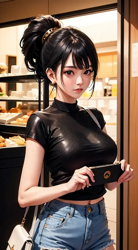 chichi from dragon ball anime, bun hair, black hair, bangs, black eyes, ponytail, beautiful, beautiful woman, perfect body, perf...