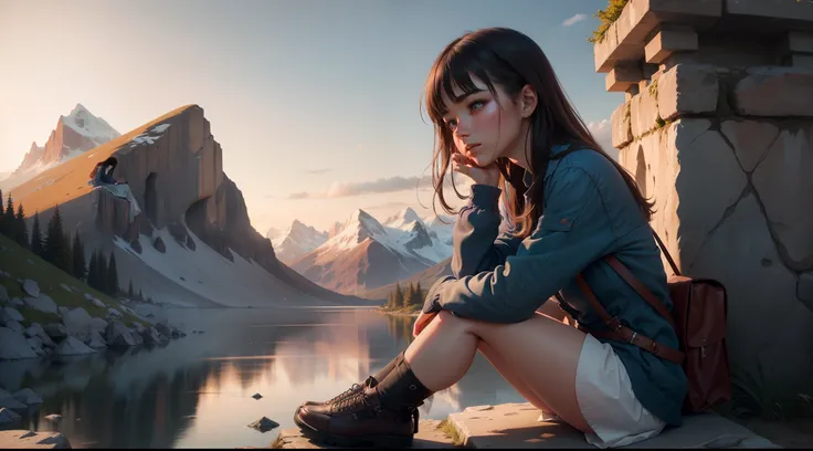 (ultra-detailed, photorealistic), a girl sitting cross-legged under a stone pedestal, contemplating which path to take, as the sun sets and the wind blows gently. She gazes towards the clouds, wondering which direction she should go. The scene is set again...