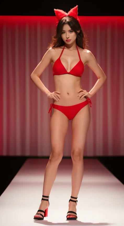 a beautiful american female model doing cat walk in red bikini in a fashion show