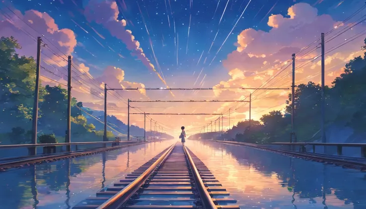 High quality masterpiece ，scenecy，Anime train passing through bodies of water on tracks， Glittering starry sky。Romantic train，Pisif，concept-art，Lofi art style，Reflectors。 By Makoto Shinkai, Lofi art, beautiful anime scenes, Anime landscapes, Detailed scene...