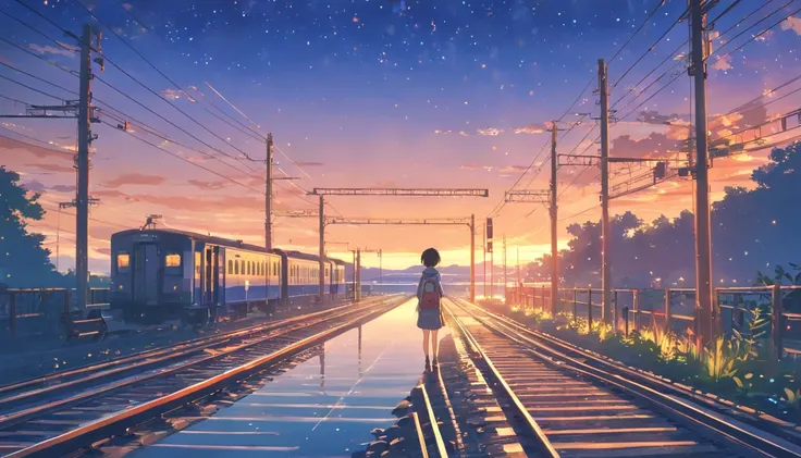 High quality masterpiece ，scenecy，Anime train passing through bodies of water on tracks， Glittering starry sky。Romantic train，Pisif，concept-art，Lofi art style，Reflectors。 By Makoto Shinkai, Lofi art, beautiful anime scenes, Anime landscapes, Detailed scene...