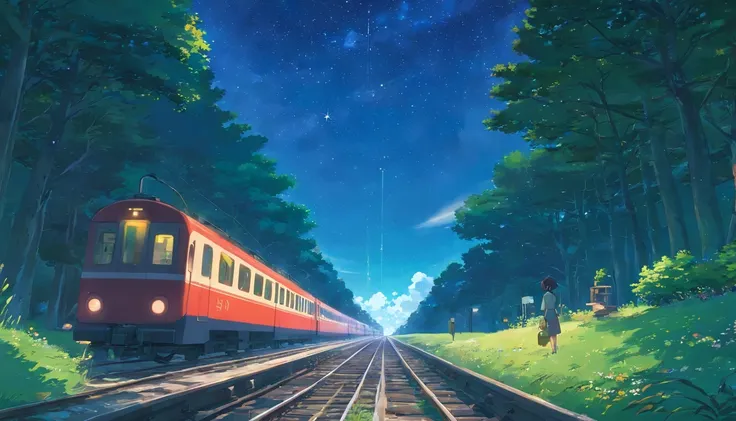 High quality masterpiece ，scenecy，Anime train passing through bodies of water on tracks， Glittering starry sky。Romantic train，Pisif，concept-art，Lofi art style，Reflectors。 By Makoto Shinkai, Lofi art, beautiful anime scenes, Anime landscapes, Detailed scene...