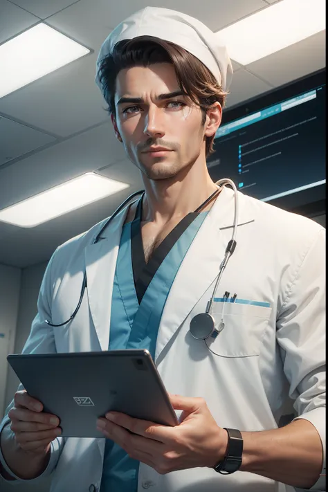 a surgeon in the operating room consulting patient values ​​on a tablet. Handsome man. Realistic face.8k. ultra realistic