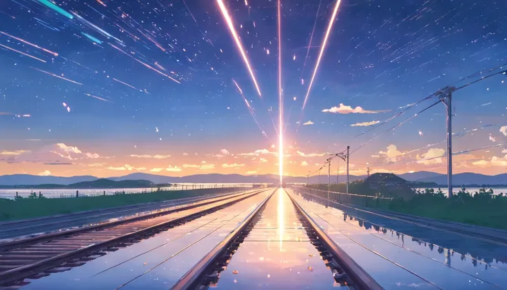 High quality masterpiece ，scenecy，Anime train passing through bodies of water on tracks， Glittering starry sky。Romantic train，Pisif，concept-art，Lofi art style，Reflectors。 By Makoto Shinkai, Lofi art, beautiful anime scenes, Anime landscapes, Detailed scene...