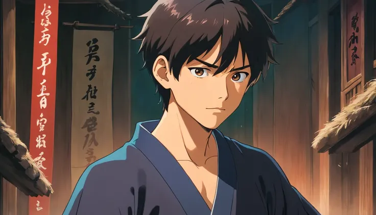 strong abandoned taller teenage man protagonist, dirt on face, dark kimono clothing, evil tattoo on face