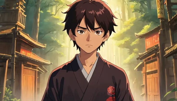 strong abandoned taller teenage man protagonist, dirt on face, dark kimono clothing, evil tattoo on face